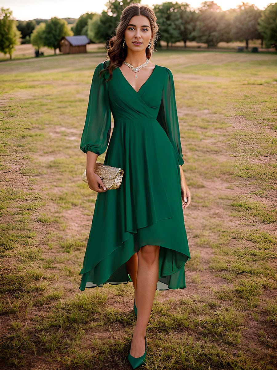 Elegant Long Sleeve V-Neck High Low Chiffon Wedding Guest Dress #color_Dark Green