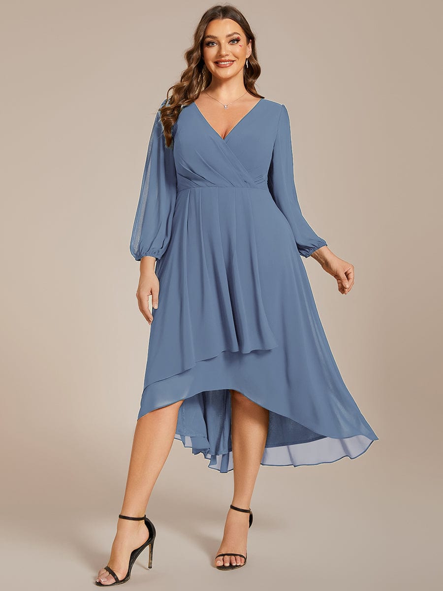 Plus Size Long Sleeve V-Neck Chiffon High Low Wedding Guest Dress #color_Dusty Navy