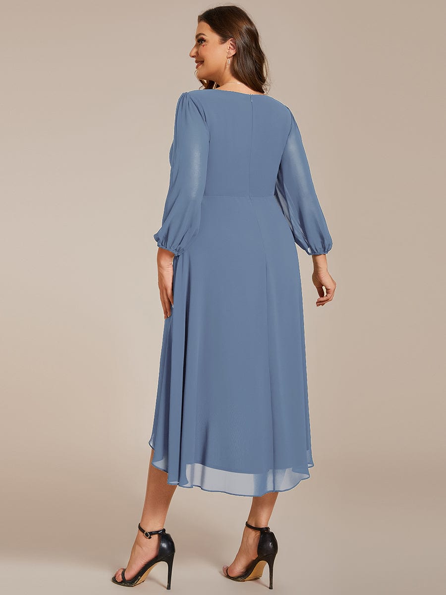 Plus Size Long Sleeve V-Neck Chiffon High Low Wedding Guest Dress #color_Dusty Blue