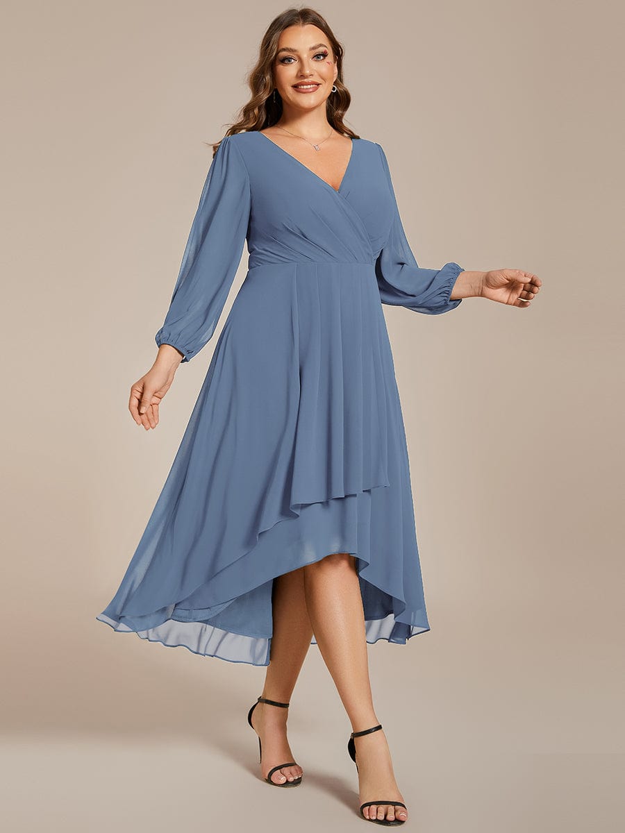 Plus Size Long Sleeve V-Neck Chiffon High Low Wedding Guest Dress #color_Dusty Blue