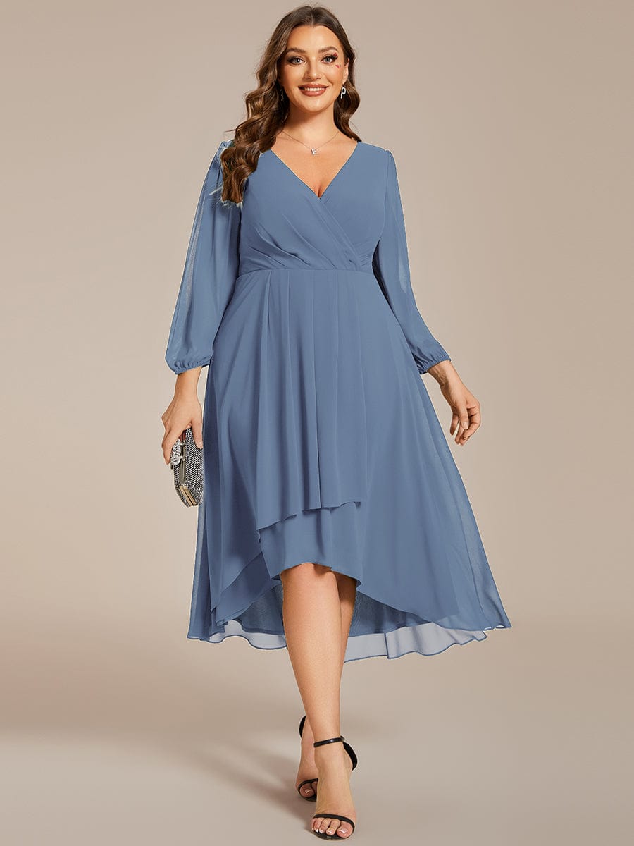 Plus Size Long Sleeve V-Neck Chiffon High Low Wedding Guest Dress #color_Dusty Navy