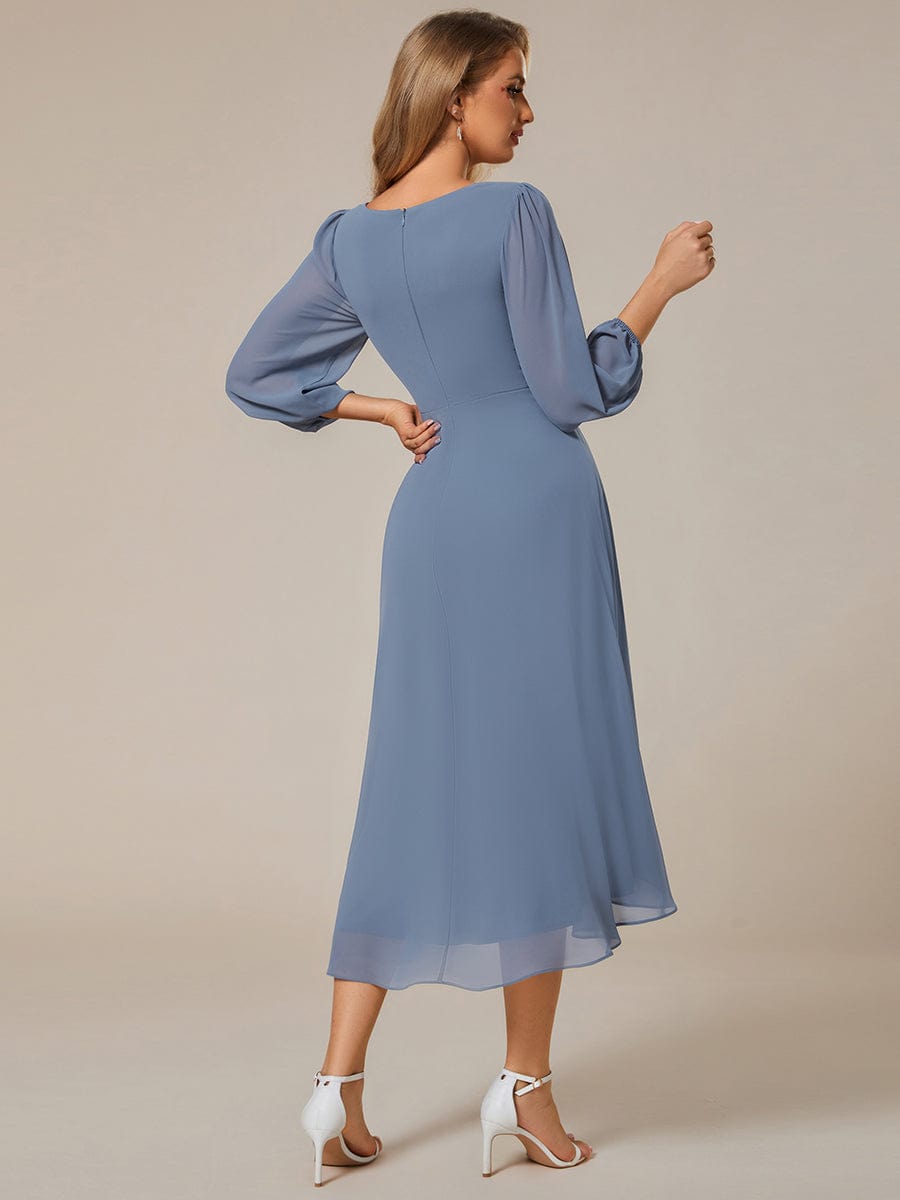 Elegant Long Sleeve V-Neck High Low Chiffon Wedding Guest Dress #color_Dusty Navy