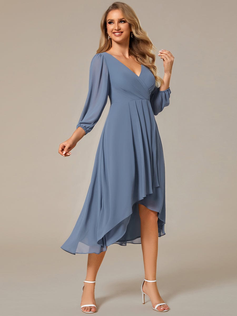 Elegant Long Sleeve V-Neck High Low Chiffon Wedding Guest Dress #color_Dusty Navy