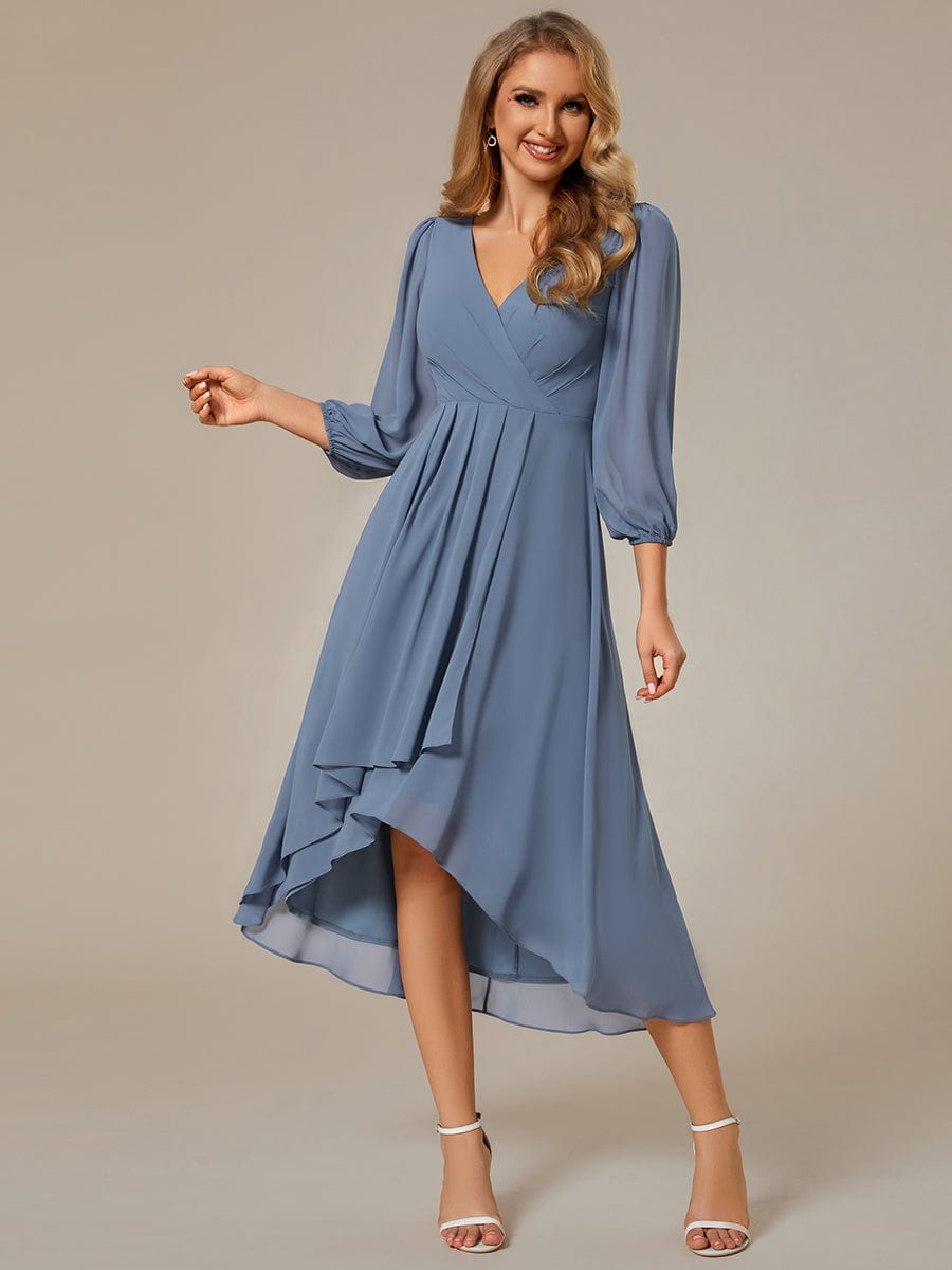 Custom Size Elegant Long Sleeve V-Neck High Low Chiffon Wedding Guest Dress #color_Dusty Navy