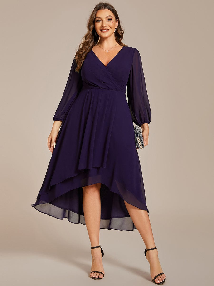 Plus Size Long Sleeve V-Neck Chiffon High Low Wedding Guest Dress #color_Dark Purple