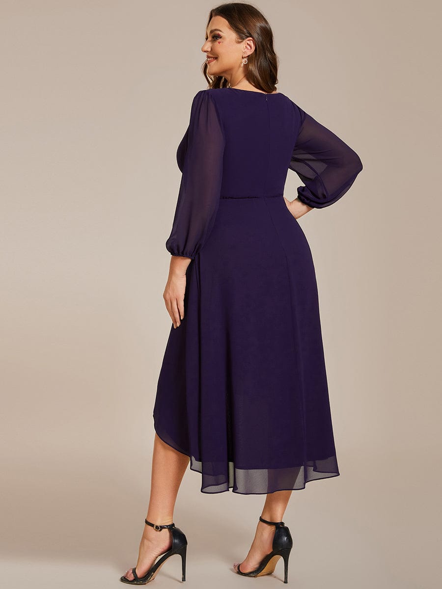 Custom Size Elegant Long Sleeve V-Neck High Low Chiffon Wedding Guest Dress #color_Dark Purple