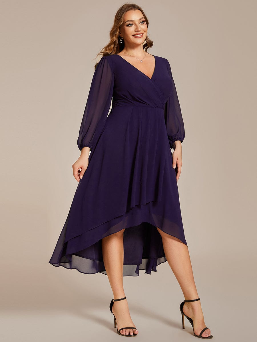 Plus Size Long Sleeve V-Neck Chiffon High Low Wedding Guest Dress #color_Dark Purple