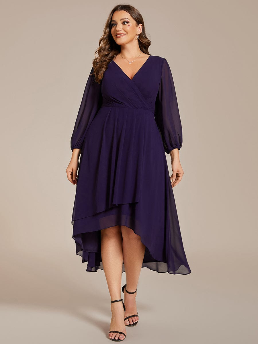 Plus Size Long Sleeve V-Neck Chiffon High Low Wedding Guest Dress #color_Dark Purple