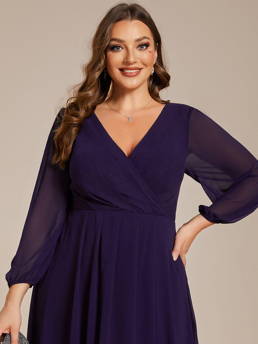 Plus Size Long Sleeve V-Neck Chiffon High Low Wedding Guest Dress #color_Dark Purple