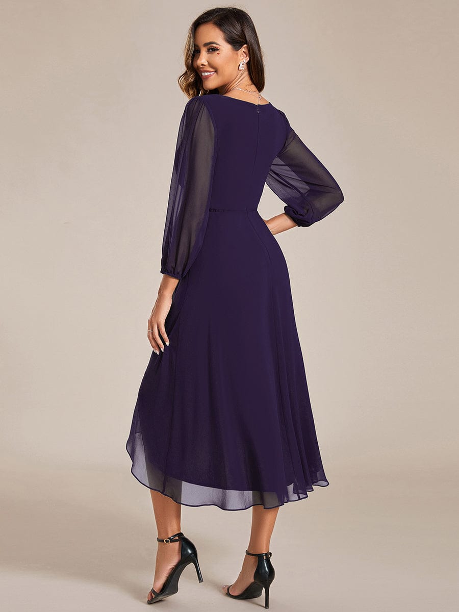 Elegant Long Sleeve V-Neck High Low Chiffon Wedding Guest Dress #color_Dark Purple