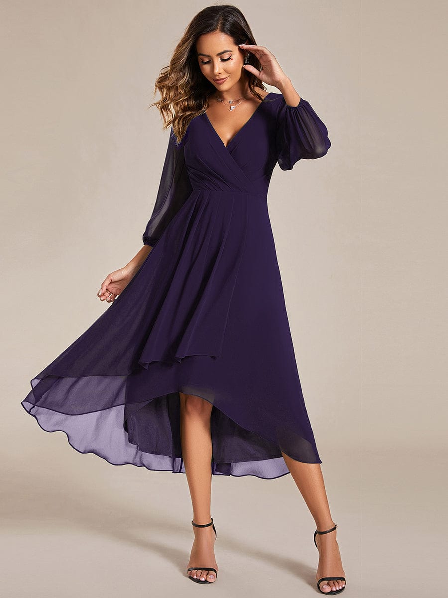 Elegant Long Sleeve V-Neck High Low Chiffon Wedding Guest Dress #color_Dark Purple