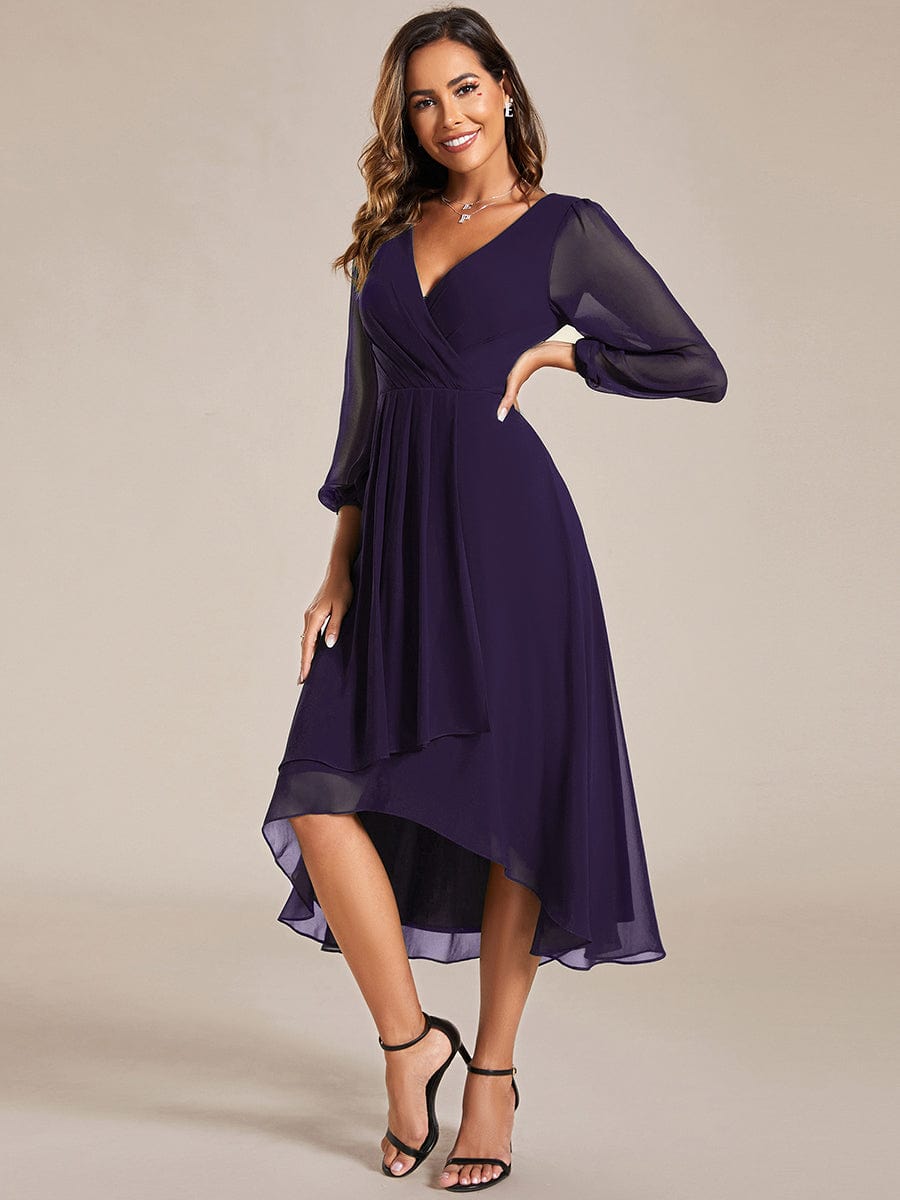 Elegant Long Sleeve V-Neck High Low Chiffon Wedding Guest Dress #color_Dark Purple