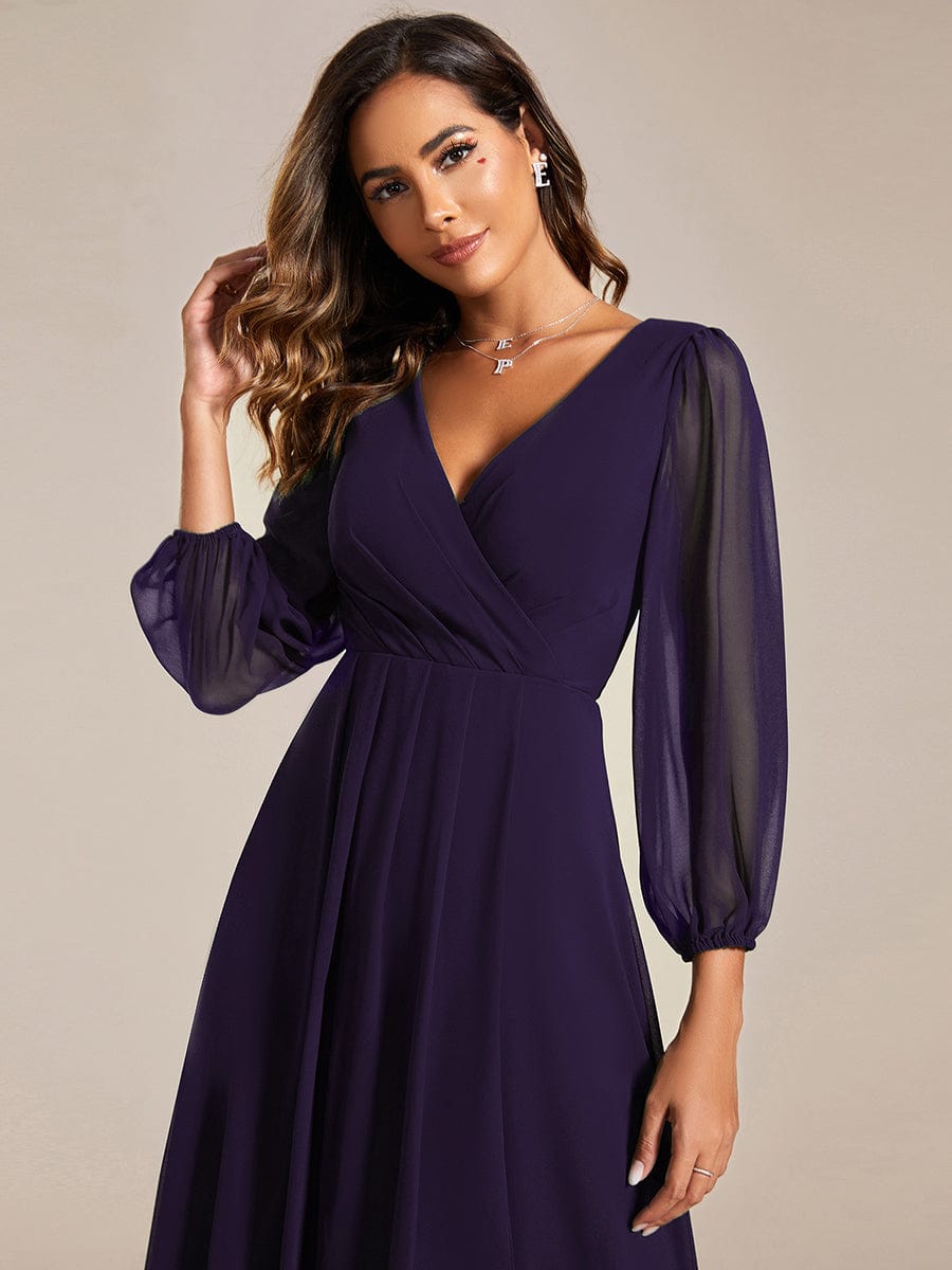 Custom Size Elegant Long Sleeve V-Neck High Low Chiffon Wedding Guest Dress #color_Dark Purple