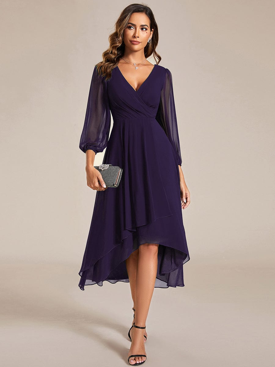 Elegant Long Sleeve V-Neck High Low Chiffon Wedding Guest Dress #color_Dark Purple