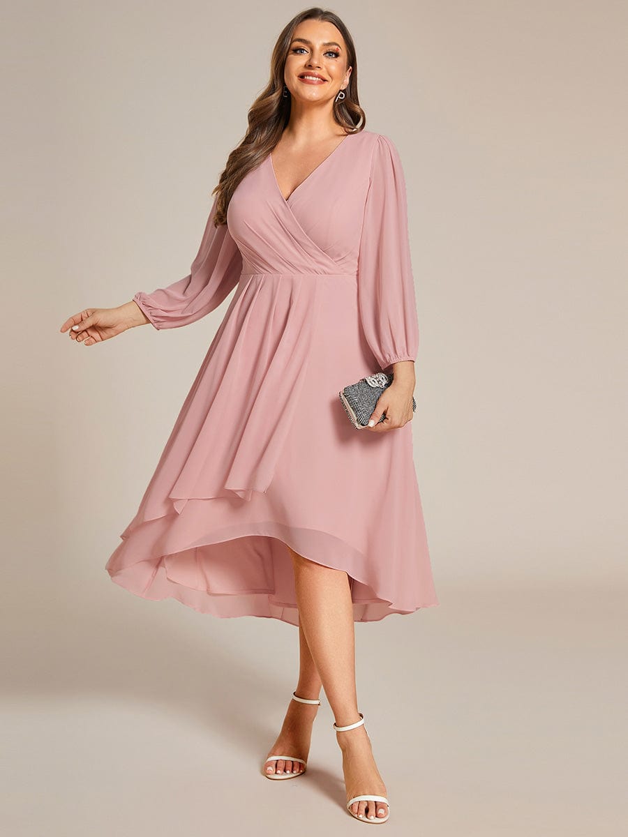 Chiffon Long Sleeve V-Neck High-Low Wedding Guest Dress #color_Dusty Rose