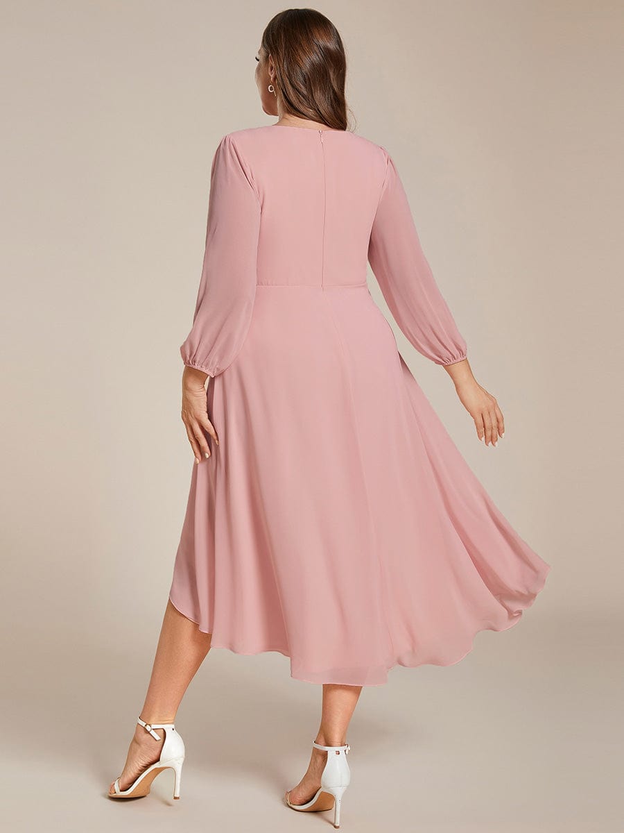 Chiffon Long Sleeve V-Neck High-Low Wedding Guest Dress #color_Dusty Rose