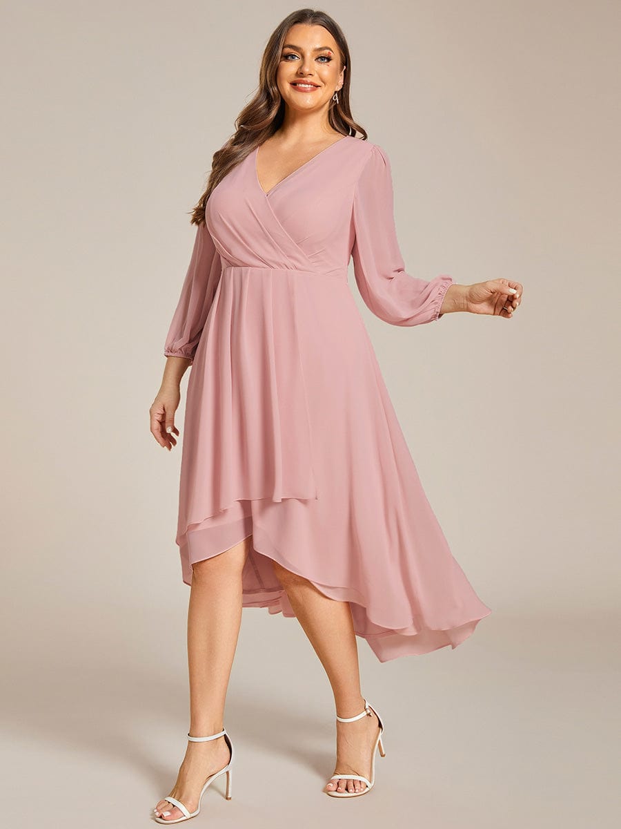 Chiffon Long Sleeve V-Neck High-Low Wedding Guest Dress #color_Dusty Rose