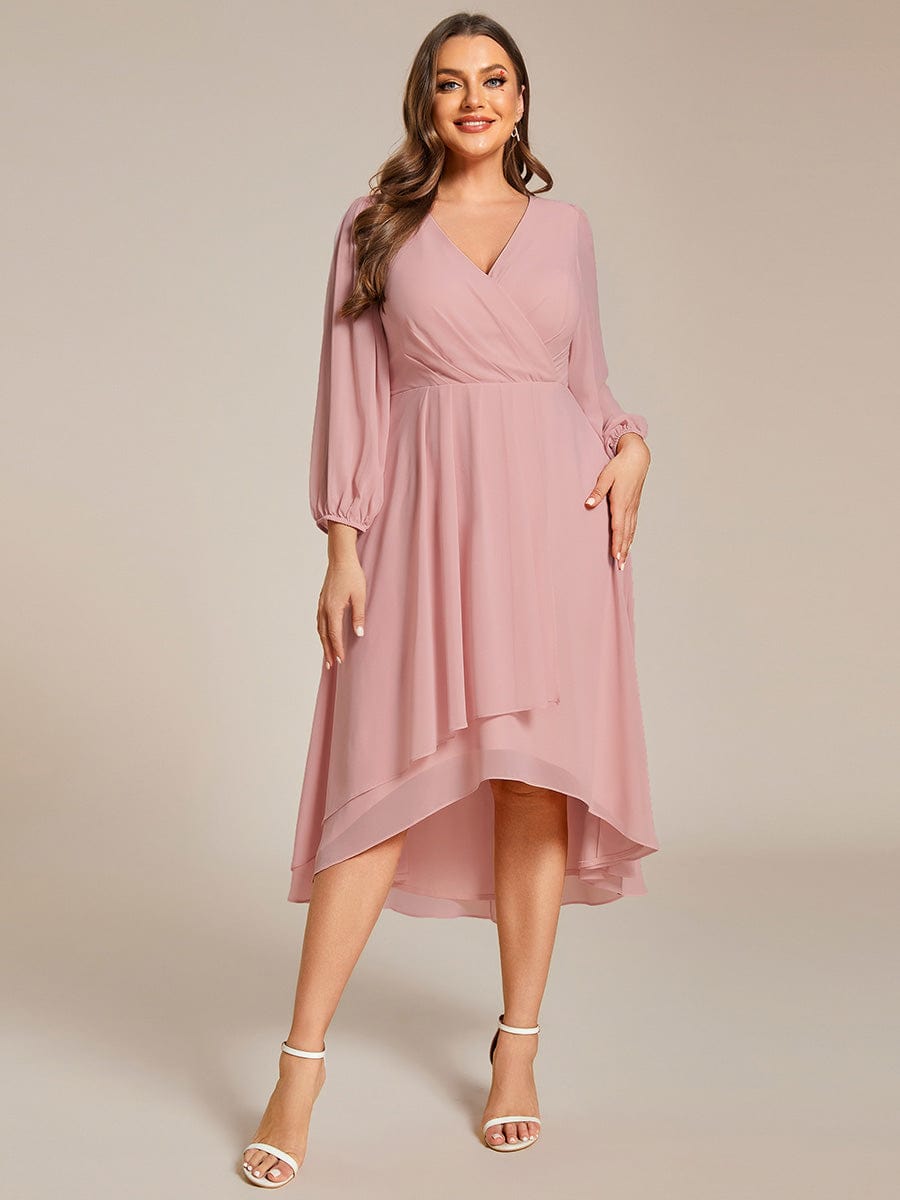 Chiffon Long Sleeve V-Neck High-Low Wedding Guest Dress #color_Dusty Rose