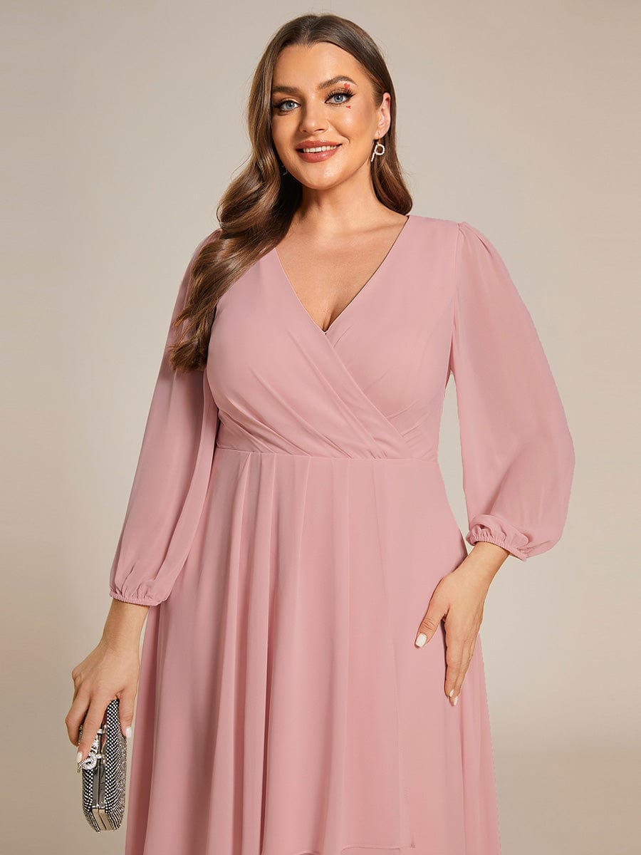 Chiffon Long Sleeve V-Neck High-Low Wedding Guest Dress #color_Dusty Rose