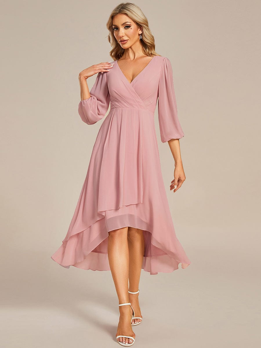 Chiffon Long Sleeve V-Neck High-Low Wedding Guest Dress #color_Dusty Rose