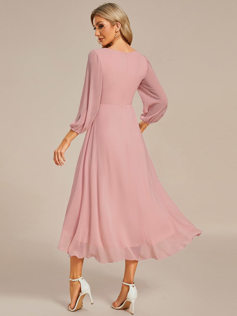 Chiffon Long Sleeve V-Neck High-Low Wedding Guest Dress #color_Dusty Rose