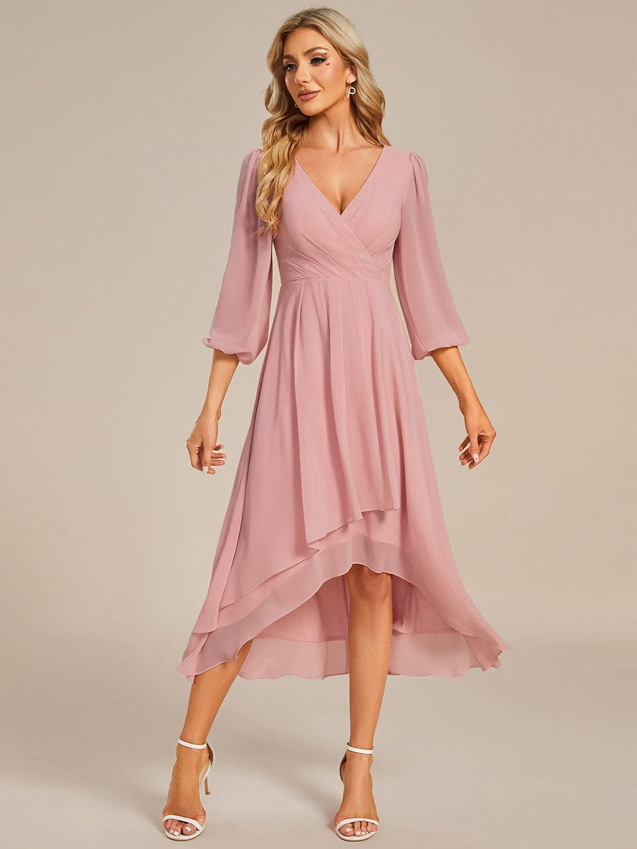 Chiffon Long Sleeve V-Neck High-Low Wedding Guest Dress #color_Dusty Rose