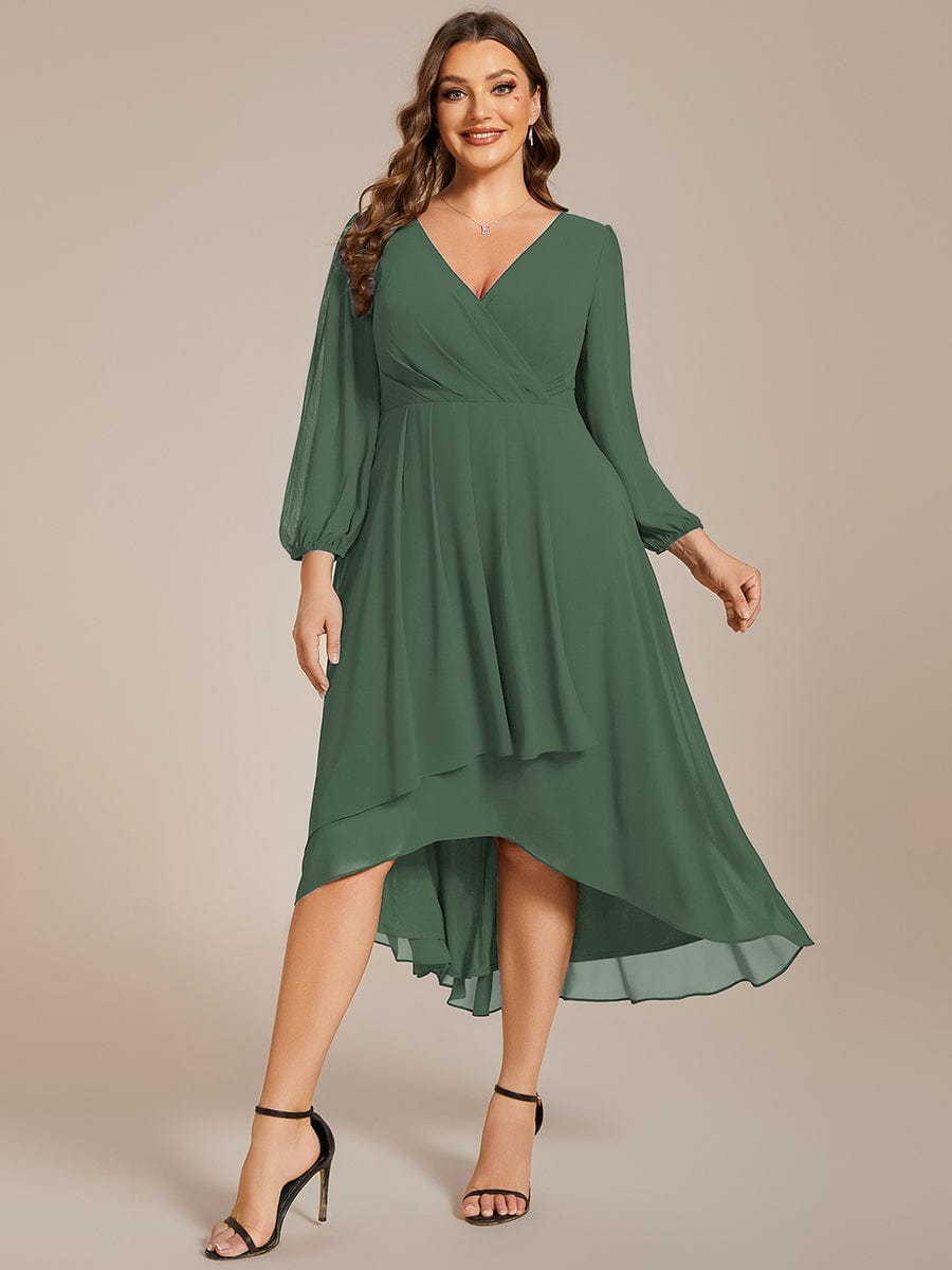 Chiffon Long Sleeve V-Neck High-Low Wedding Guest Dress #color_Eucalyptus Green