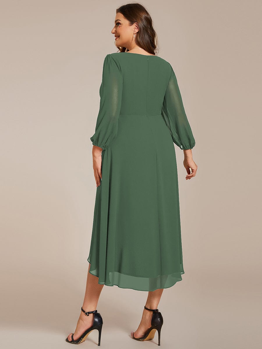 Chiffon Long Sleeve V-Neck High-Low Wedding Guest Dress #color_Eucalyptus Green