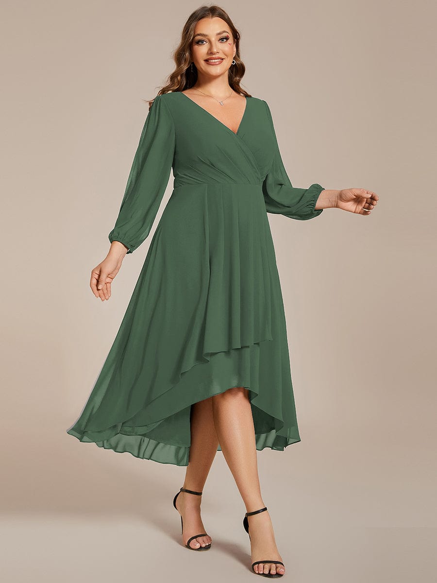 Chiffon Long Sleeve V-Neck High-Low Wedding Guest Dress #color_Eucalyptus Green