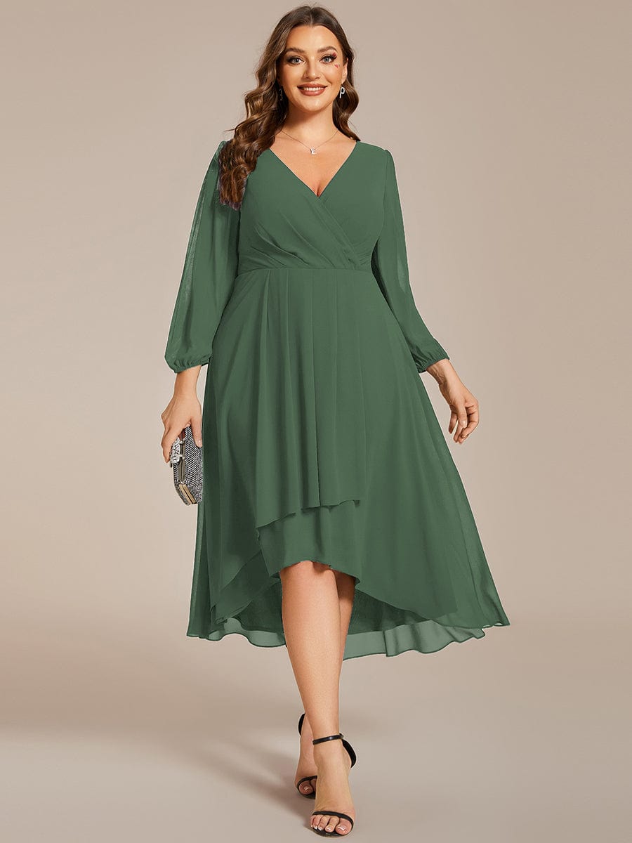 Chiffon Long Sleeve V-Neck High-Low Wedding Guest Dress #color_Eucalyptus Green