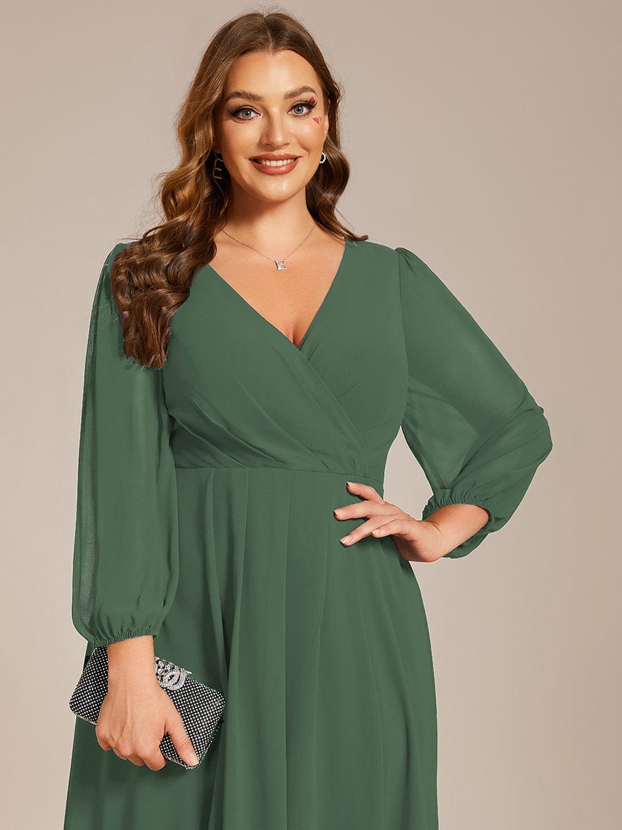 Chiffon Long Sleeve V-Neck High-Low Wedding Guest Dress #color_Eucalyptus Green