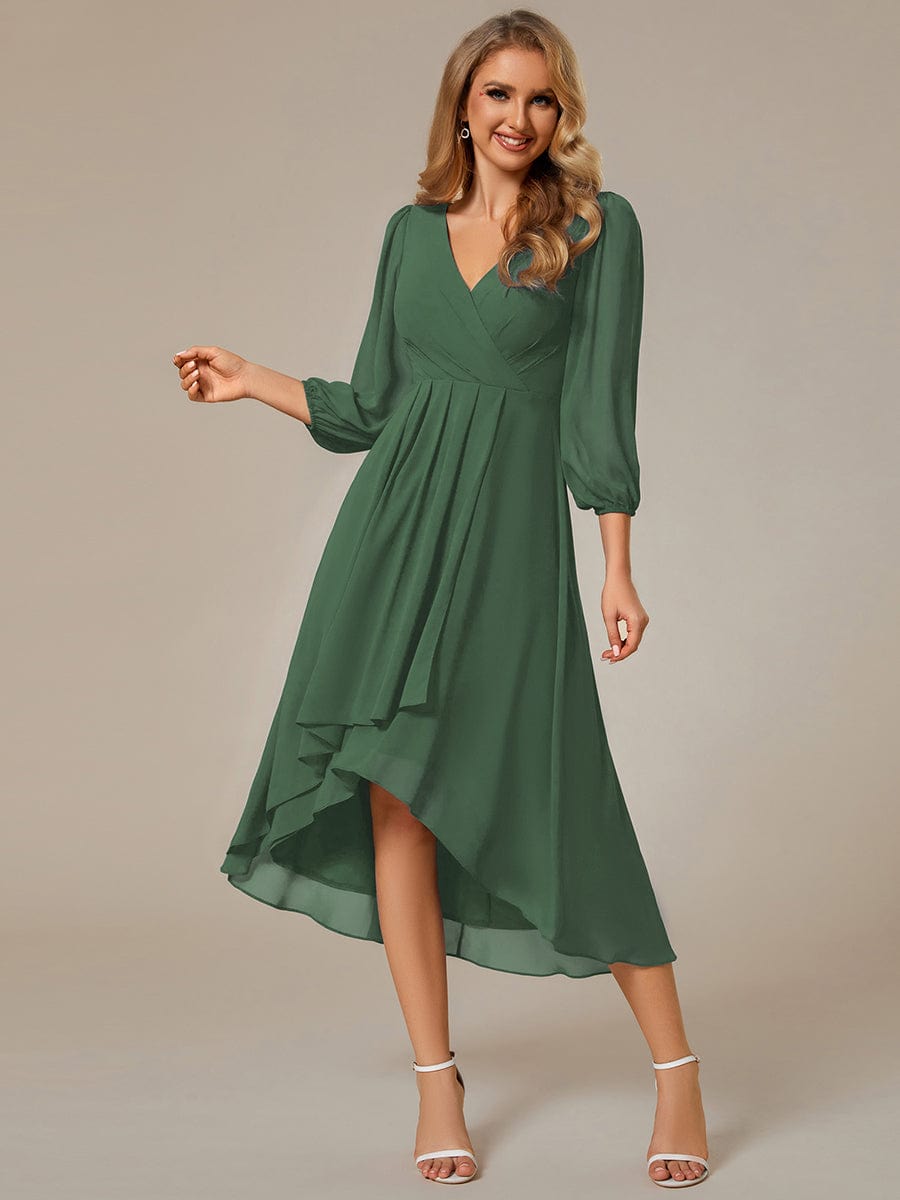 Chiffon Long Sleeve V-Neck High-Low Wedding Guest Dress #color_Eucalyptus Green