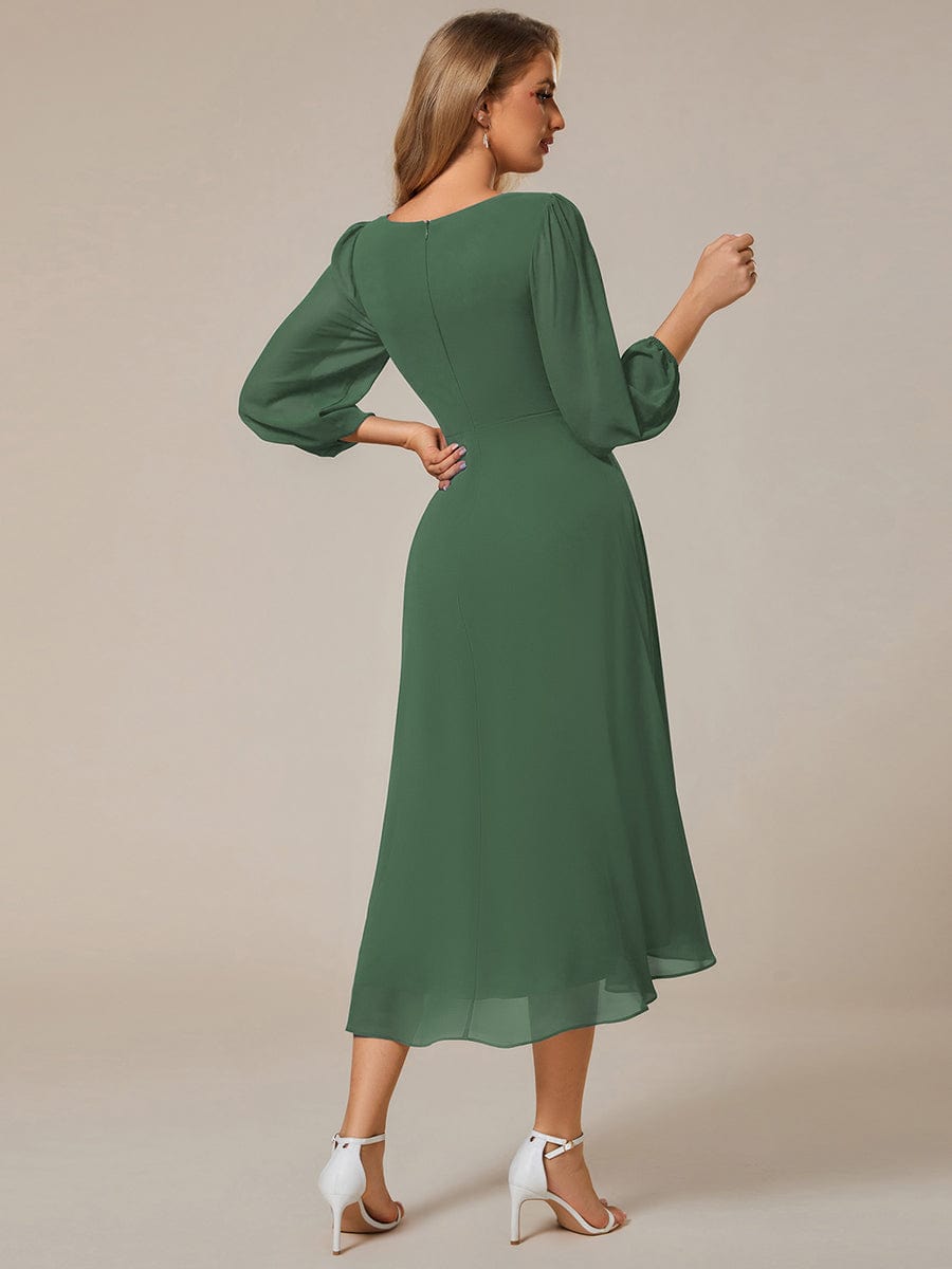 Chiffon Long Sleeve V-Neck High-Low Wedding Guest Dress #color_Eucalyptus Green