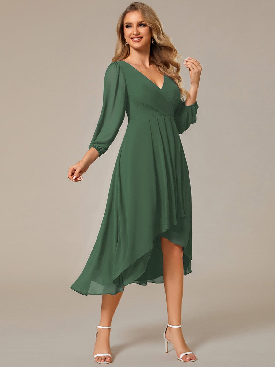 Chiffon Long Sleeve V-Neck High-Low Wedding Guest Dress #color_Eucalyptus Green