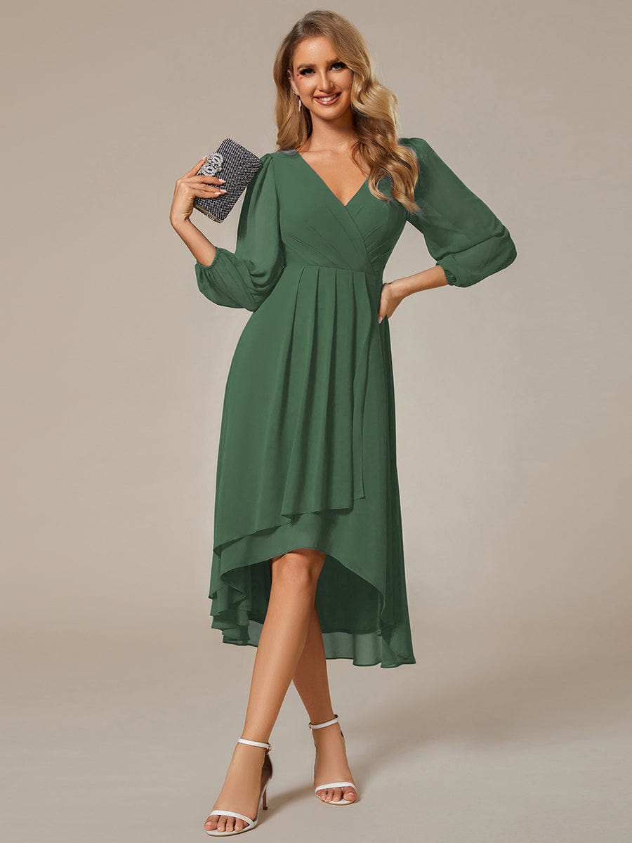 Chiffon Long Sleeve V-Neck High-Low Wedding Guest Dress #color_Eucalyptus Green