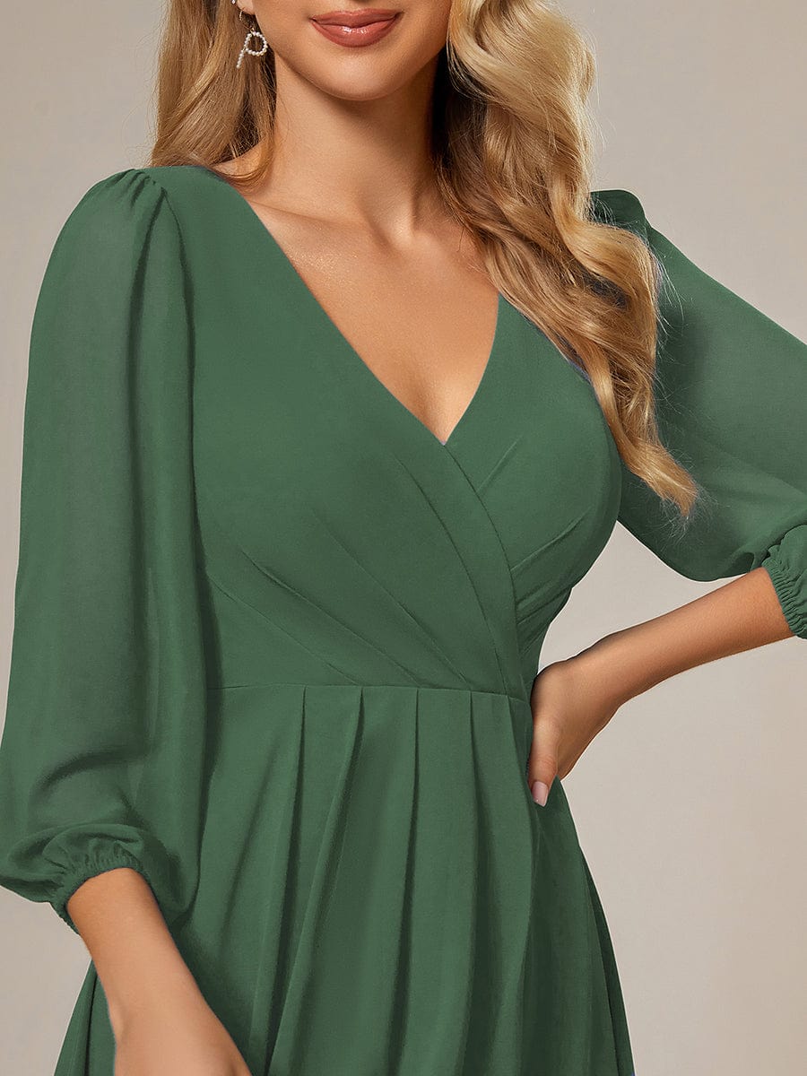 Chiffon Long Sleeve V-Neck High-Low Wedding Guest Dress #color_Eucalyptus Green