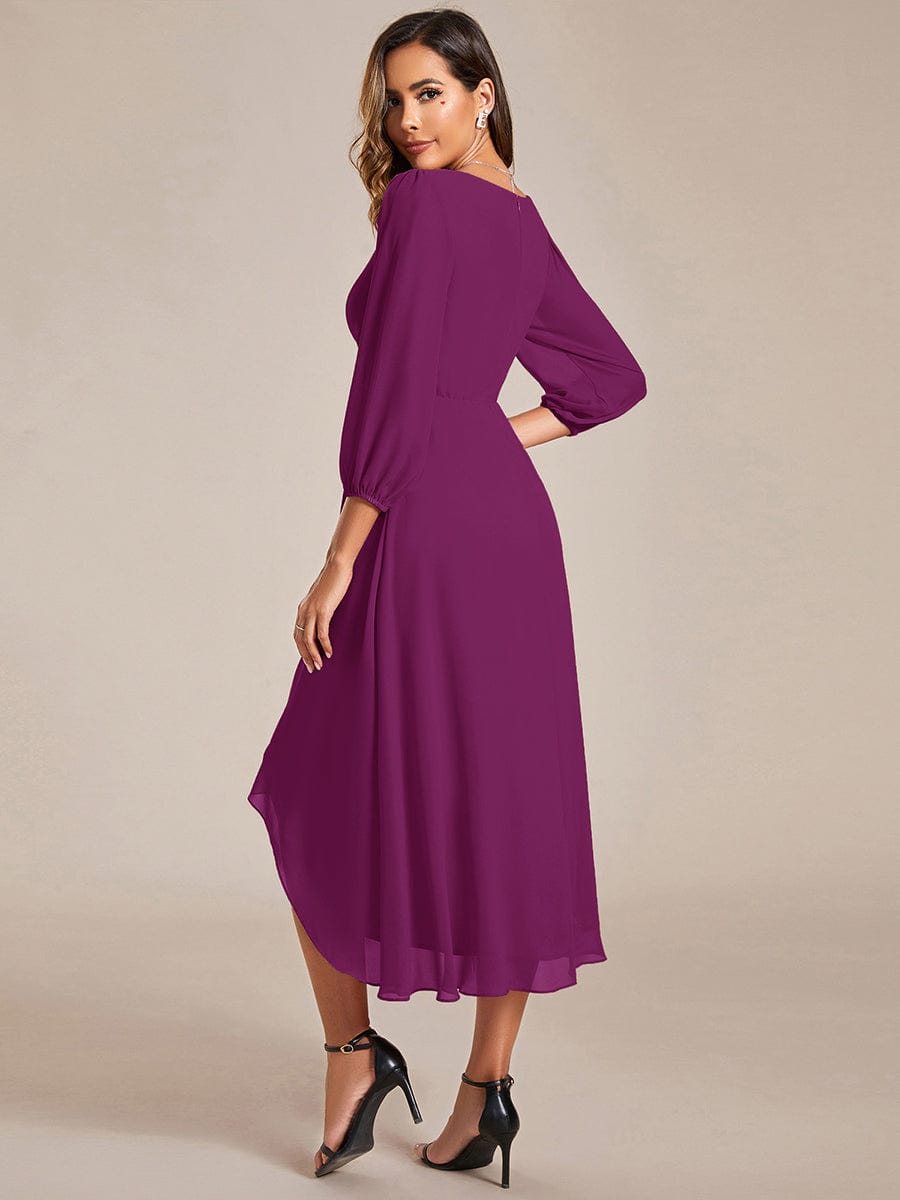 Chiffon Long Sleeve V-Neck High Low Wedding Guest Dress #color_Fuchsia