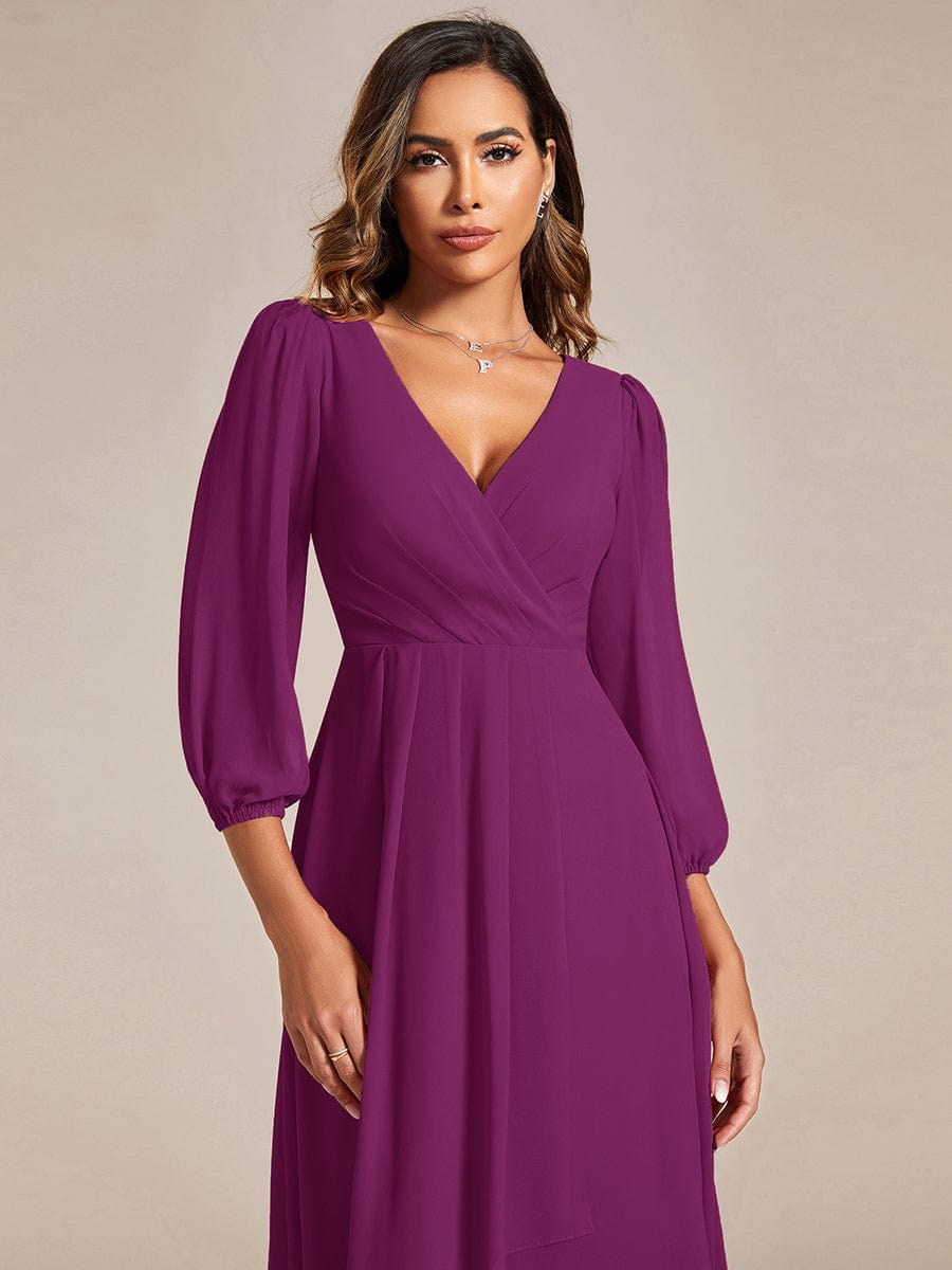 Chiffon Long Sleeve V-Neck High Low Wedding Guest Dress #color_Fuchsia