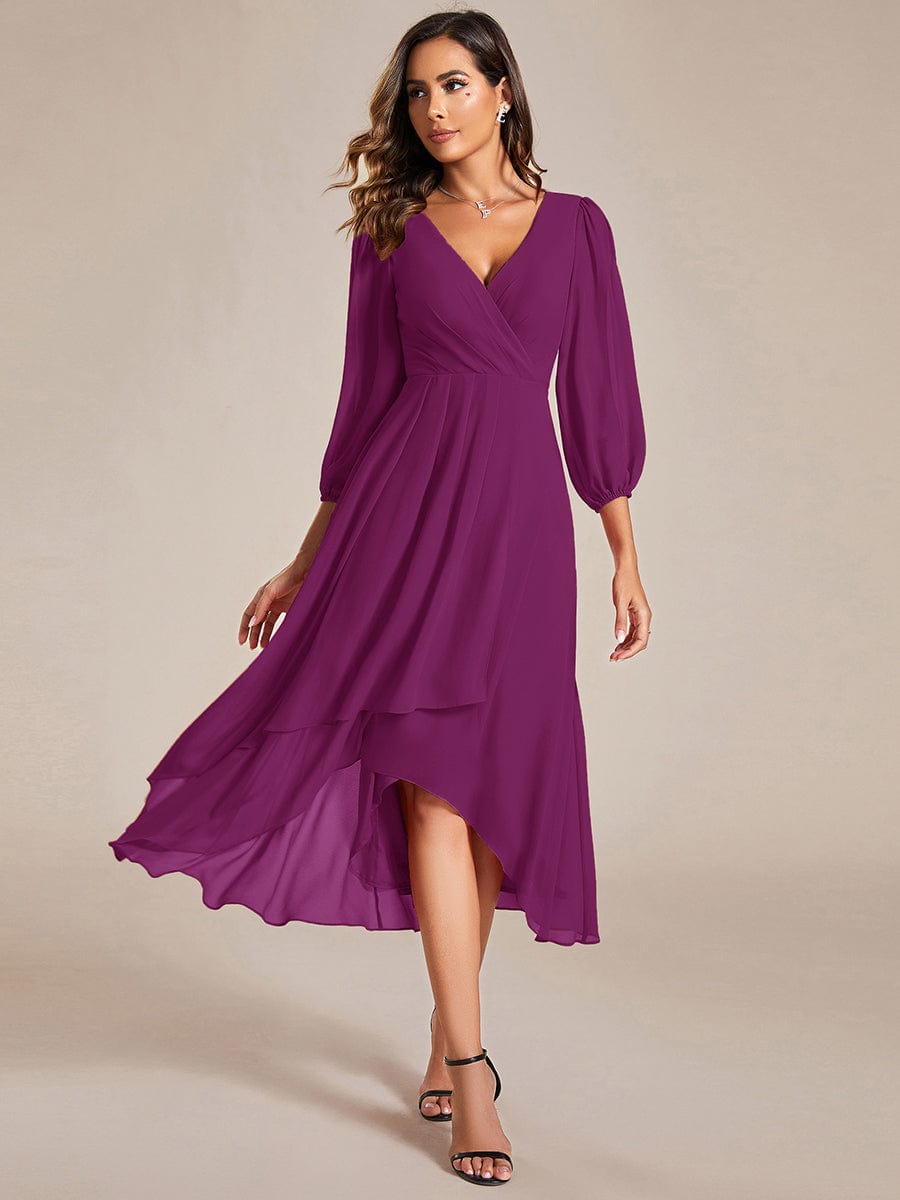 Chiffon Long Sleeve V-Neck High Low Wedding Guest Dress #color_Fuchsia