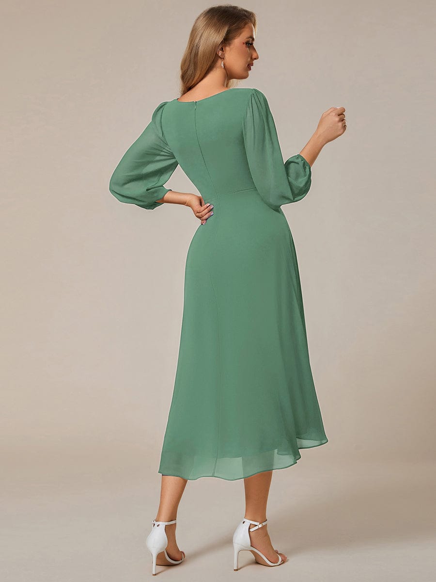 Chiffon Long Sleeve V-Neck High Low Wedding Guest Dress #color_Green Bean