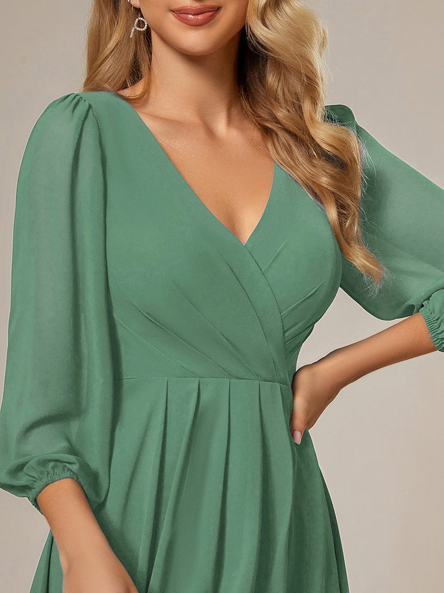 Chiffon Long Sleeve V-Neck High Low Wedding Guest Dress #color_Green Bean