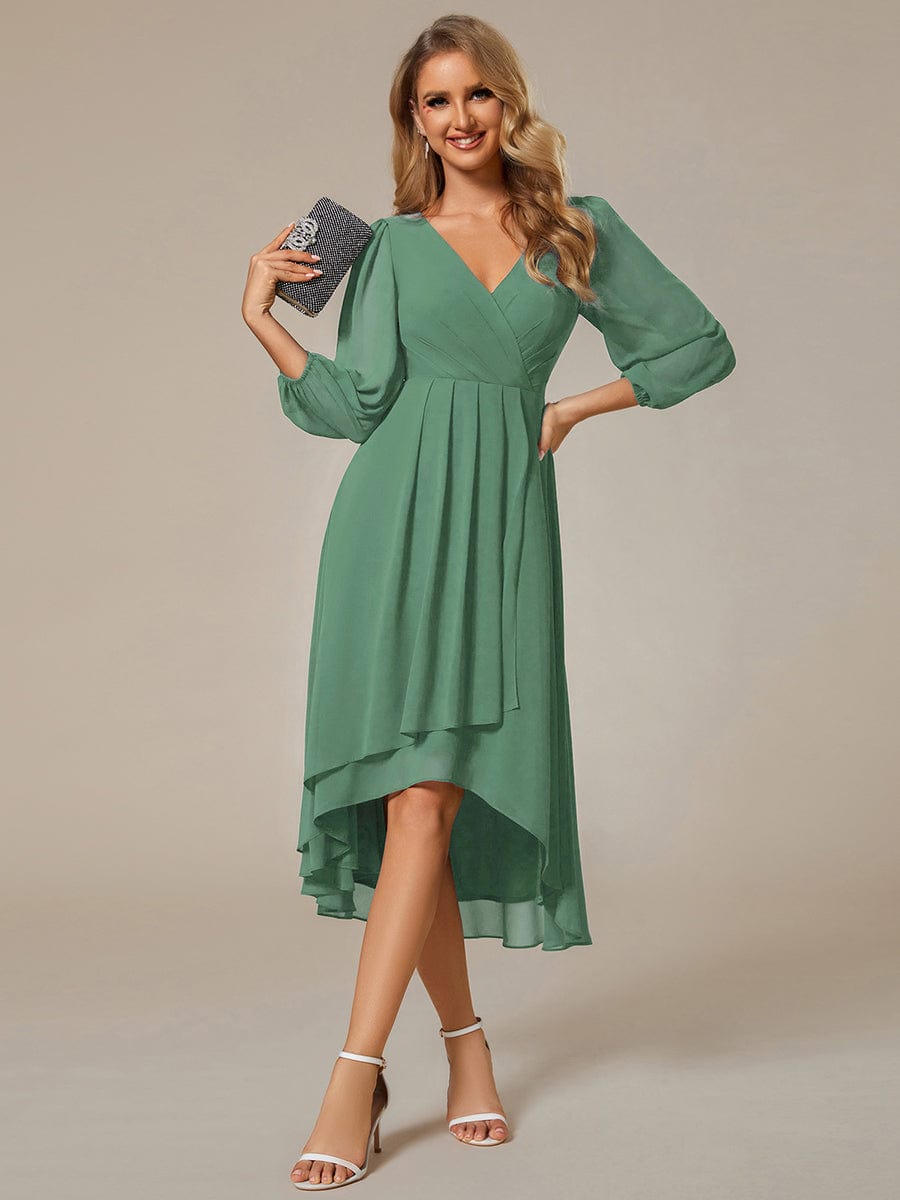 Chiffon Long Sleeve V-Neck High Low Wedding Guest Dress #color_Green Bean