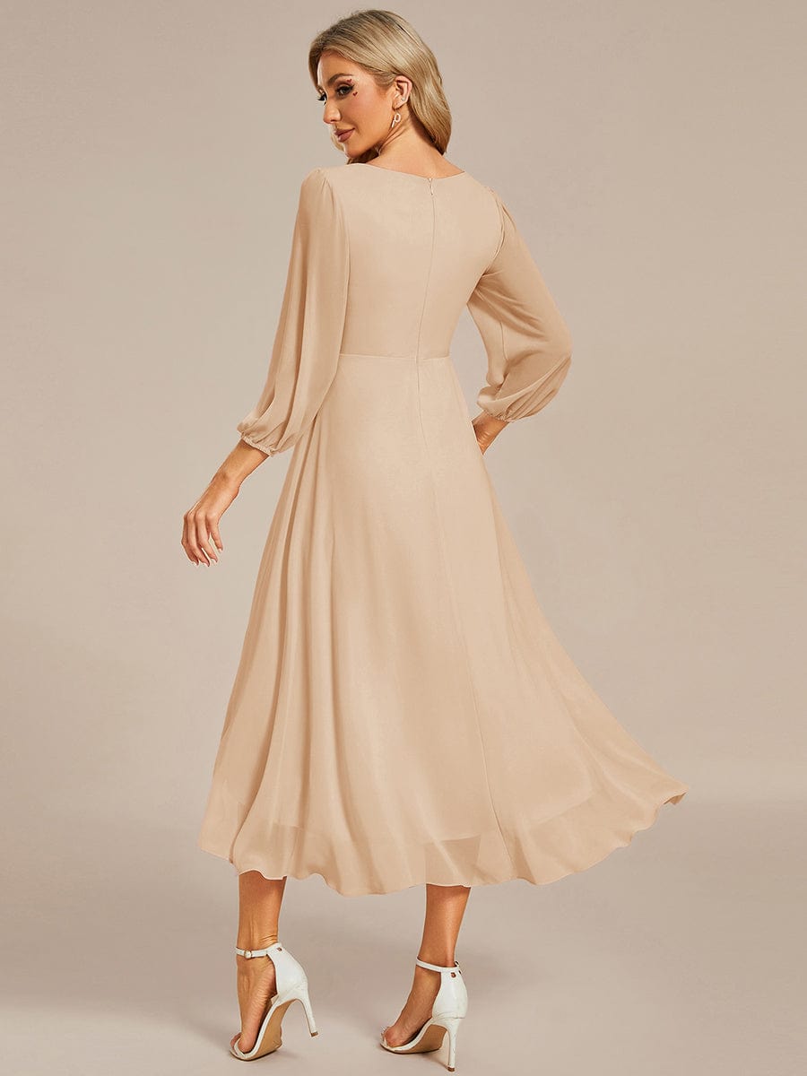 Chiffon Long Sleeve V-Neck High Low Wedding Guest Dress #color_Gold