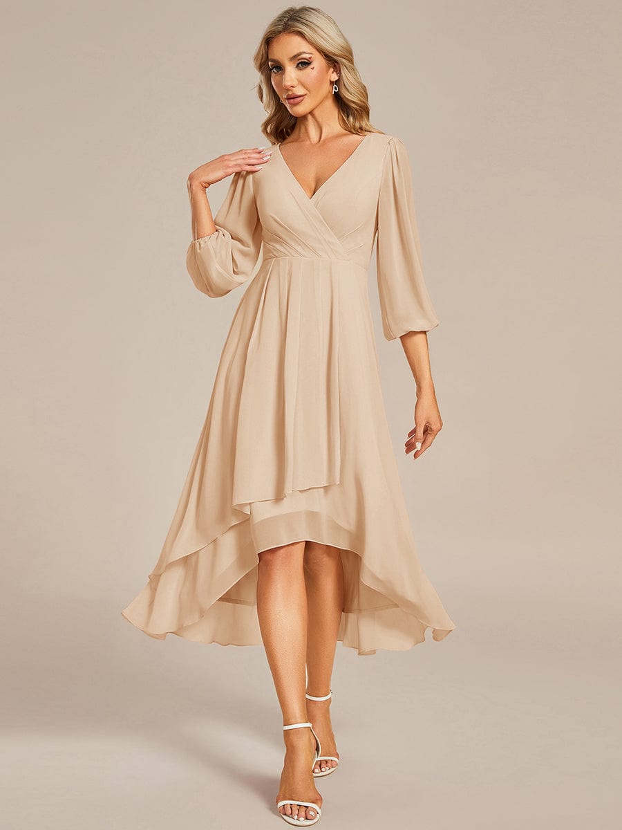 Chiffon Long Sleeve V-Neck High Low Wedding Guest Dress #color_Gold