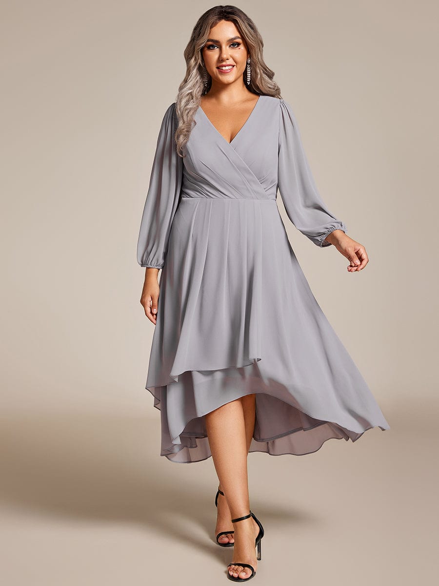 Plus Size Long Sleeve V-Neck Chiffon High Low Wedding Guest Dress #color_Grey