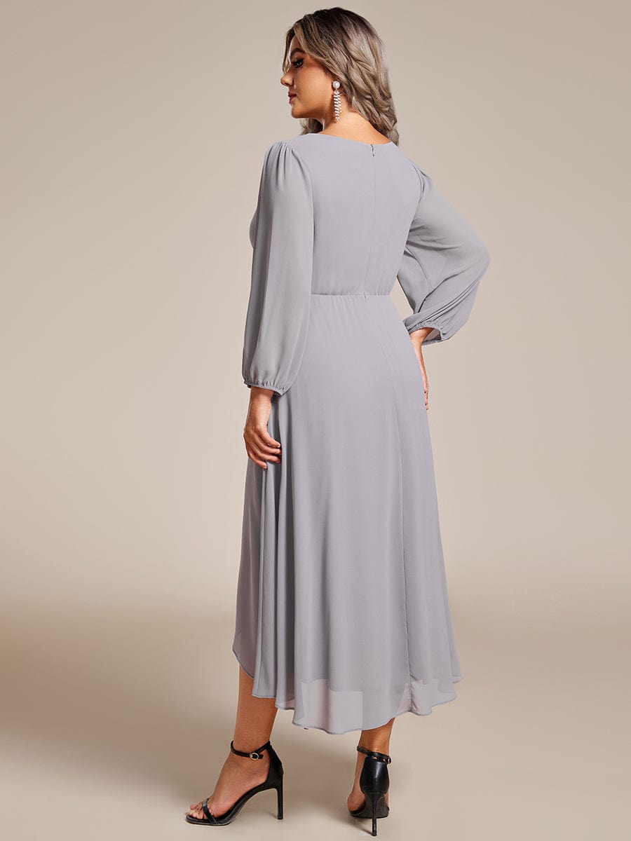 Elegant Long Sleeve V-Neck High Low Chiffon Wedding Guest Dress #color_Grey