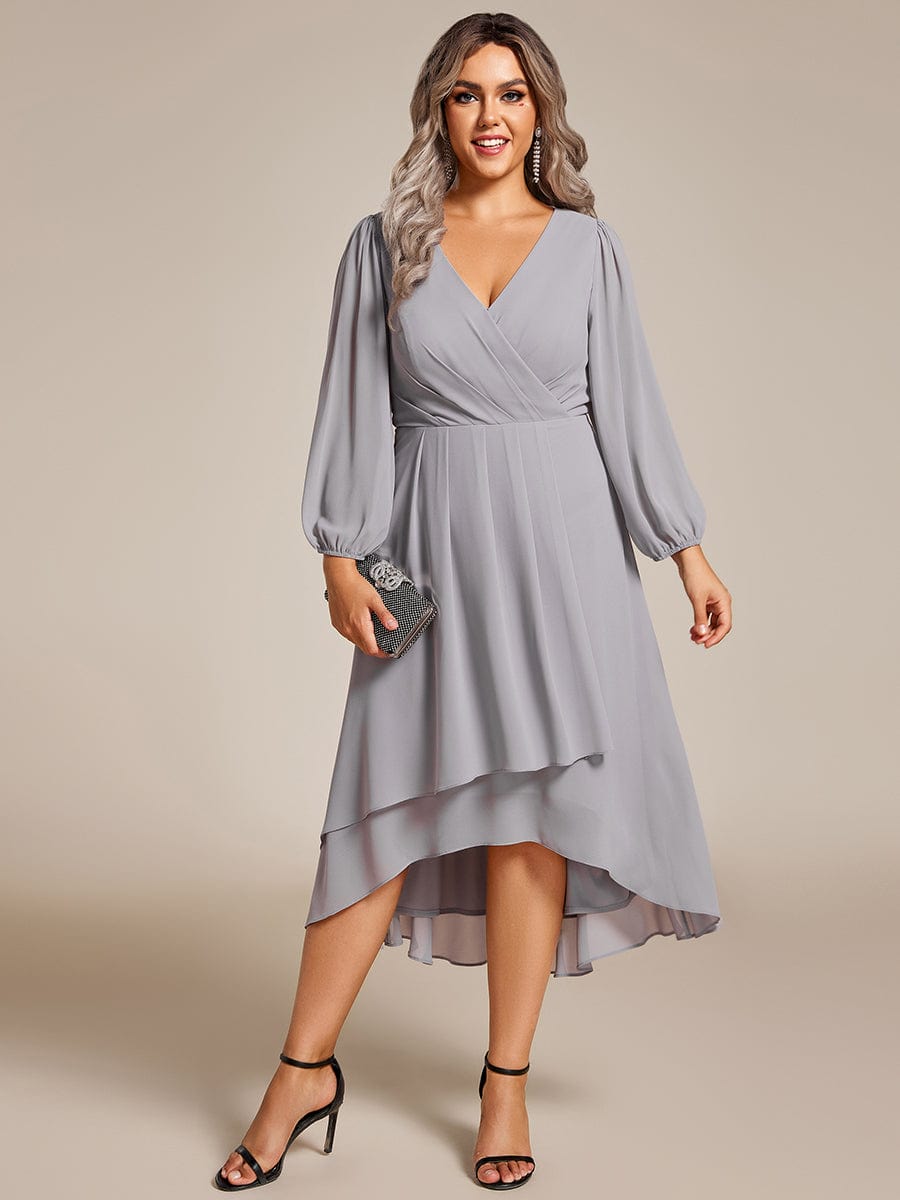 Plus Size Long Sleeve V-Neck Chiffon High Low Wedding Guest Dress #color_Grey