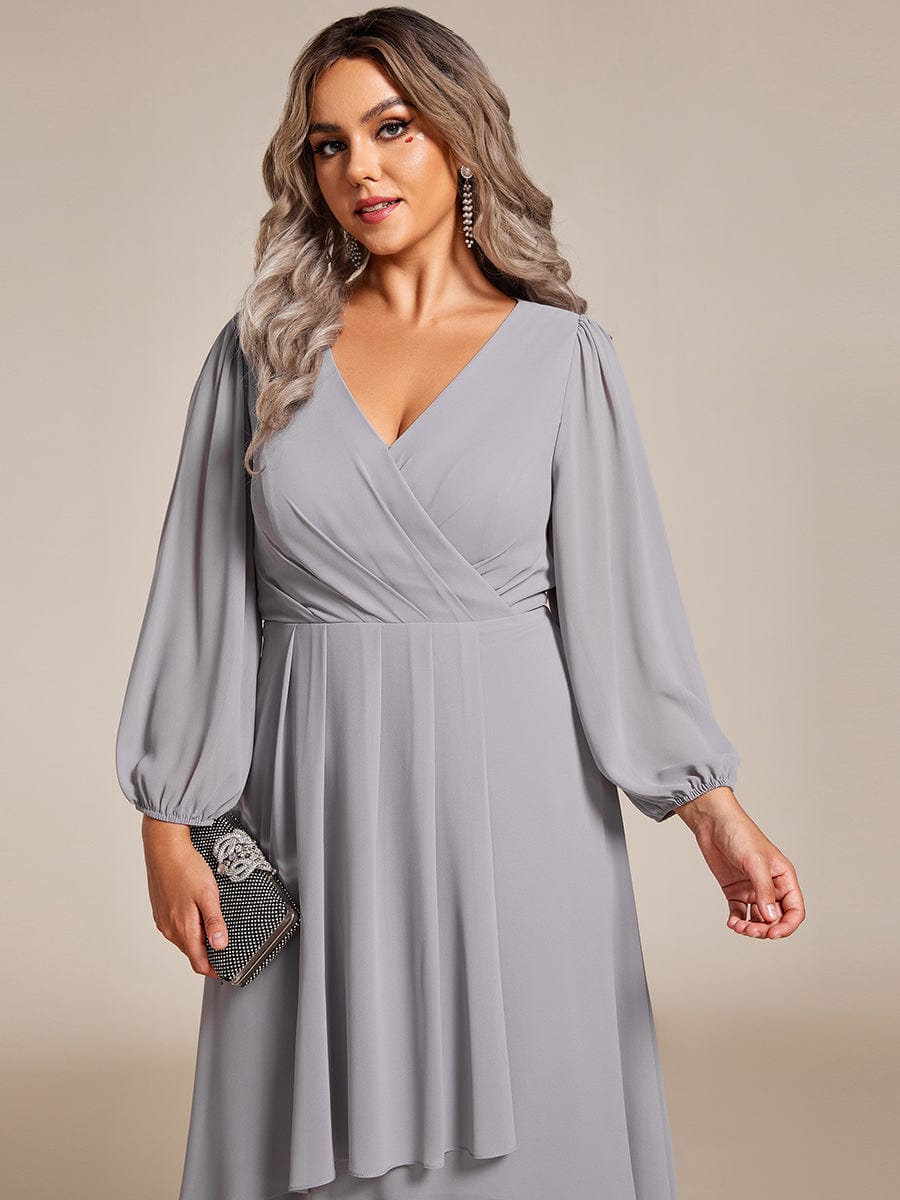 Plus Size Long Sleeve V-Neck Chiffon High Low Wedding Guest Dress #color_Grey