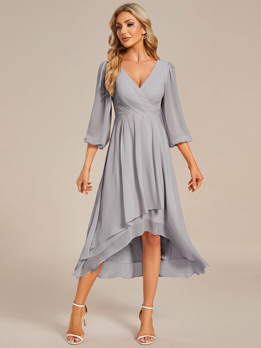 Elegant Long Sleeve V-Neck High Low Chiffon Wedding Guest Dress #color_Grey