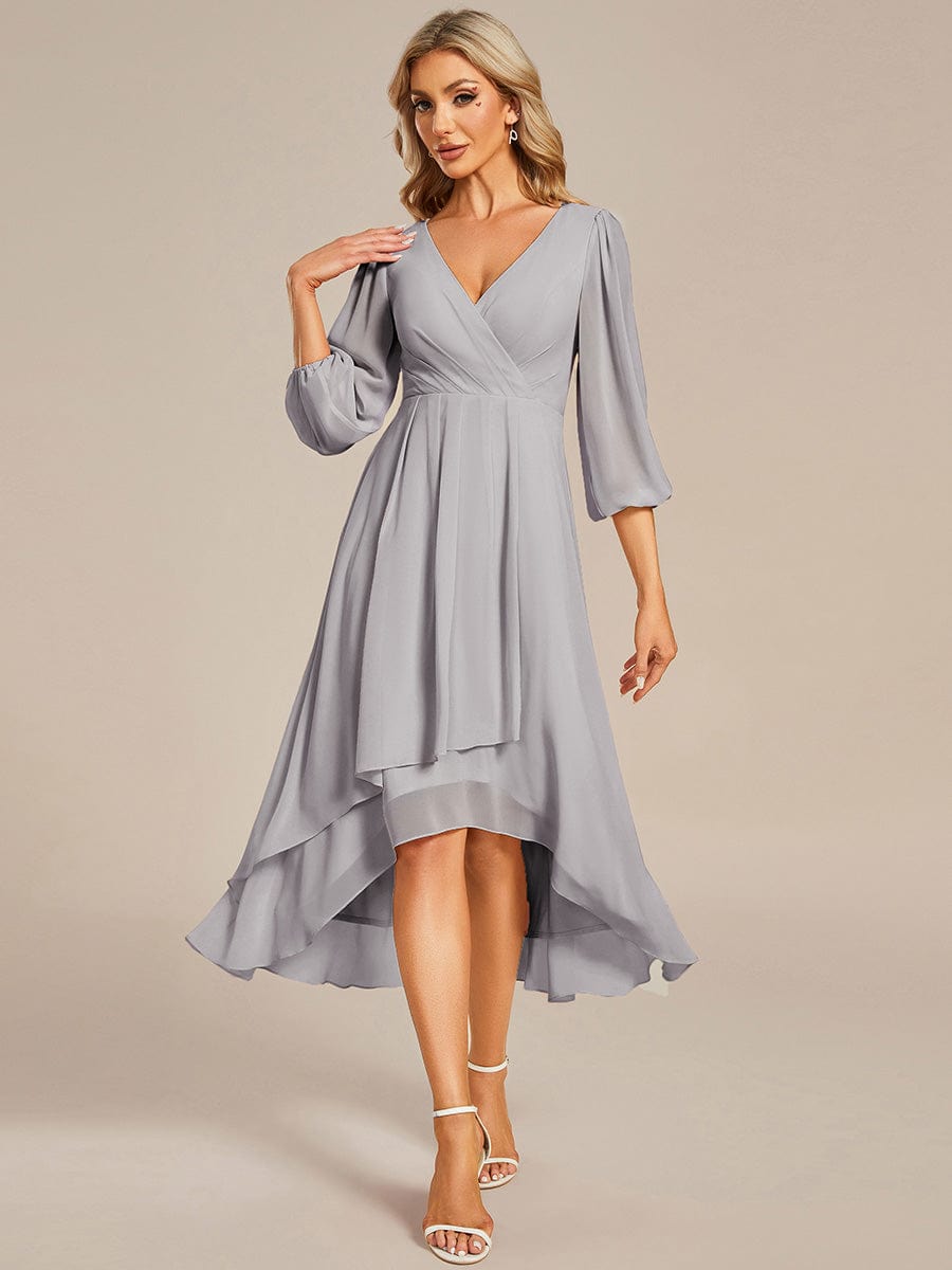 Custom Size Elegant Long Sleeve V-Neck High Low Chiffon Wedding Guest Dress #color_Grey